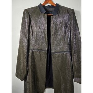 BCBGMAXAZRIA L‎ Metallic Gold Coat Long Sleeve Open Front Leather Trim